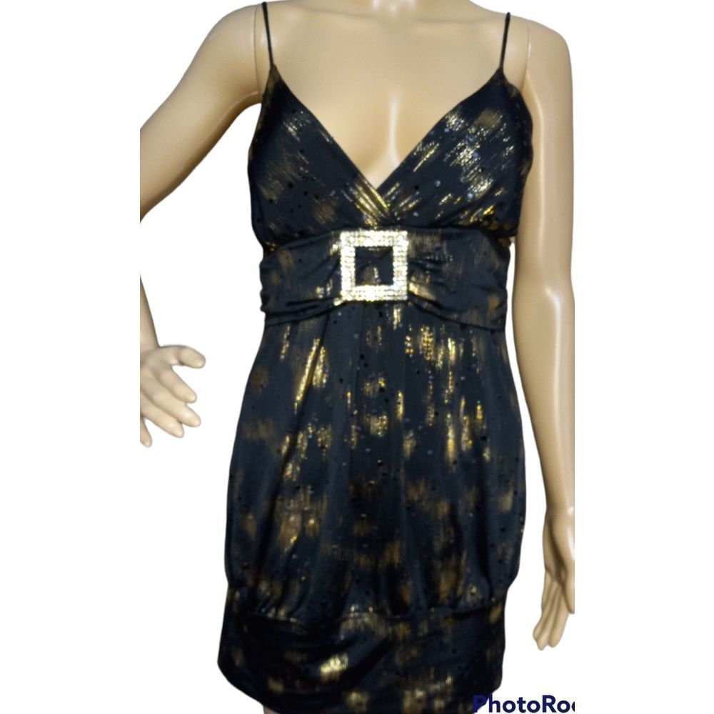 Vintage 80s Icon USA polyester spandex spaghetti strap black / gold dress, sz L - Picture 2 of 8